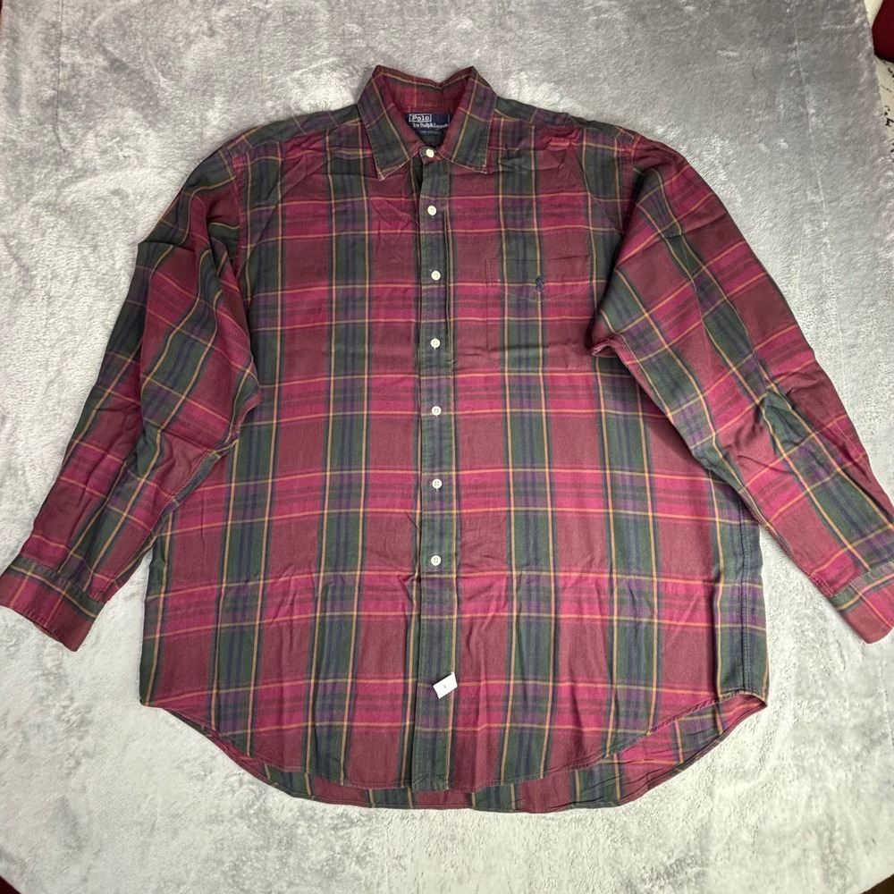 Polo Ralph Lauren Flannel Shirt Mens XL Burgundy Plaid Vintage Cotton Button Up - Picture 2 of 9